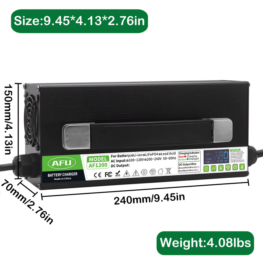 AFU Lithium-Ionen-Akku-Ladegerät mit LCD-Display und Wärmeableitung, 100,8 V 10 A, USB-Anschlüsse, Schwarz - Bild 2