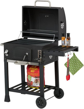 Relaxdays Holzkohlegrillwagen aus Stahl in Schwarz mit Deckel, Thermometer und Höhenverstellbarkeit, B/T/H: 103 x 65 x 104 cm