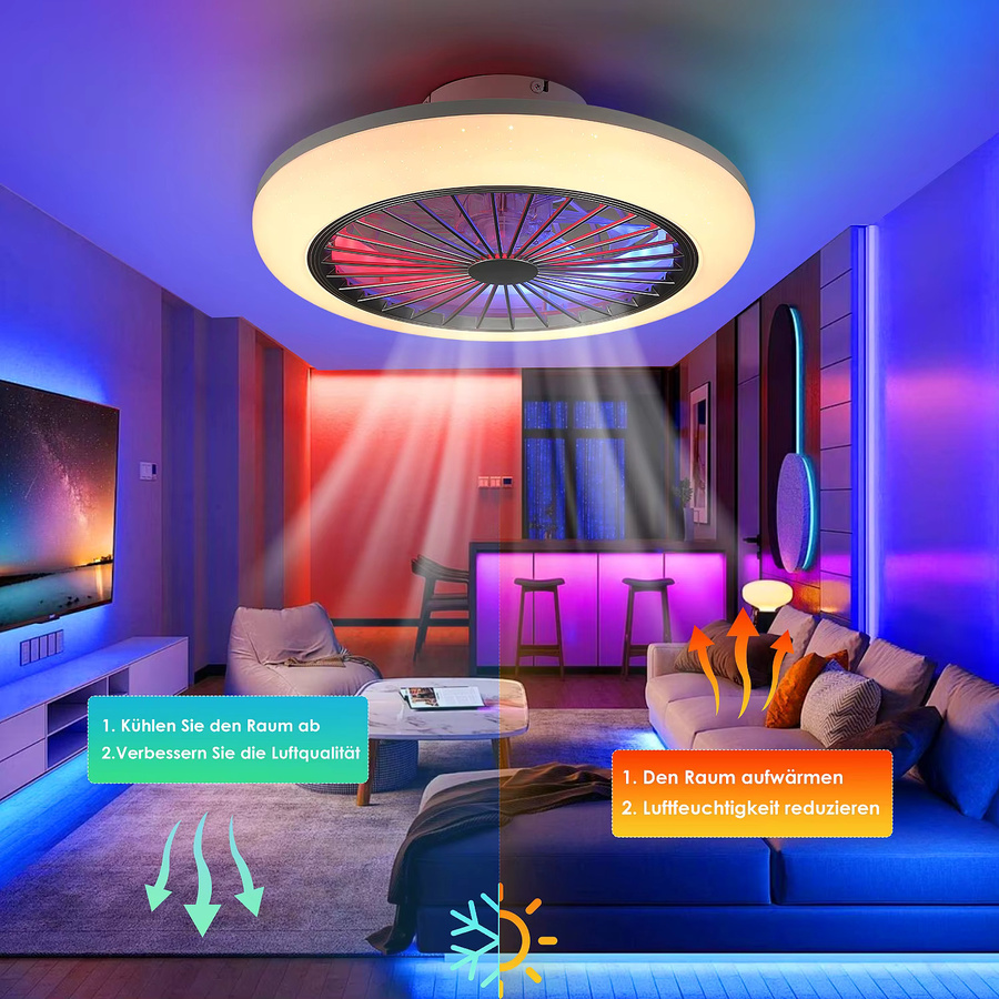 Oyajia Deckenventilator mit LED-Licht und RGB-Farbwechsel, 50W, dimmbar, 6 Geschwindigkeitsstufen und Timer für Wohnzimmer und Schlafzimmer - Bild 4