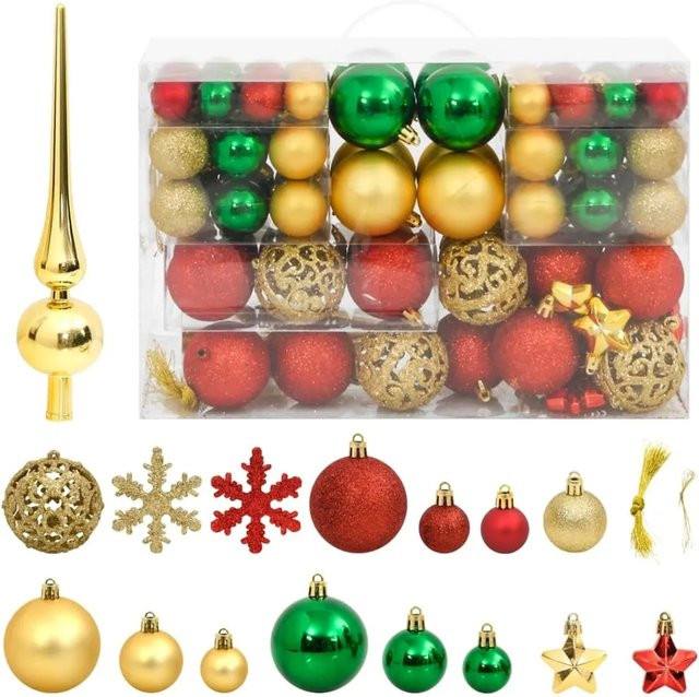 furnicato 112-teiliges Weihnachtskugel-Set aus Polystyrol in Rot, Grün und Gold mit Sternen und Schneeflocken - Bild 1
