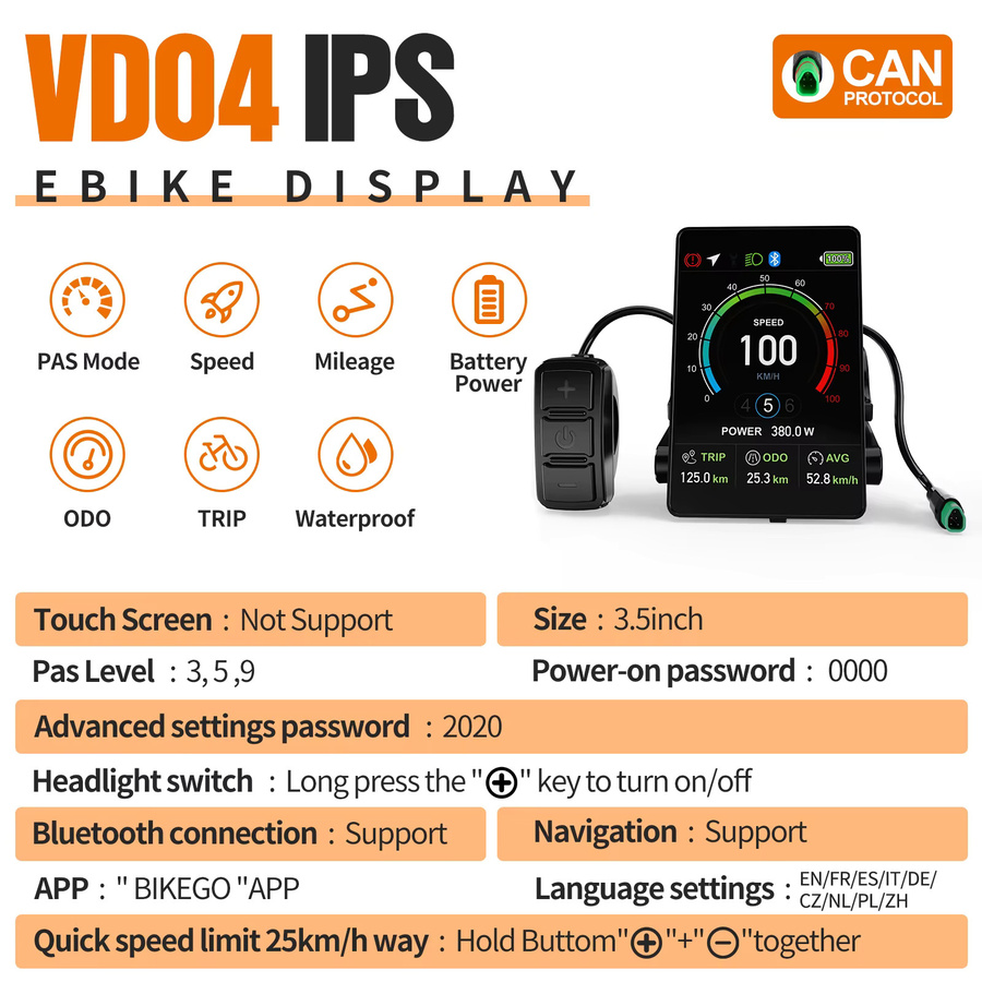 Bafang VD04 Vertikales E-Bike-Display mit 3,5 Zoll IPS Farbdisplay, IP67 Wasserdicht, 0-9 PAS-Stufen, Bafang CAN-Protokoll für Mittelmotoren, Schwarz, Typ-C Anschluss - Bild 3