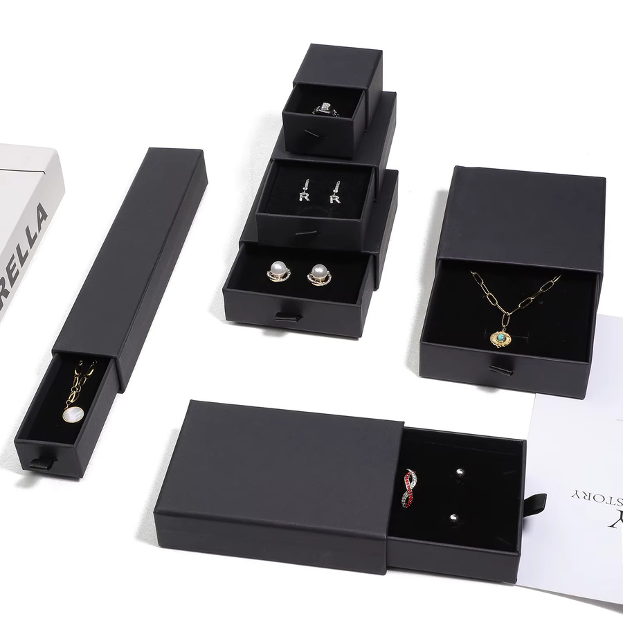 Schwarze Schmuck-Display-Box aus Papier mit Schiebeschublade zur Aufbewahrung von Halsketten, Ringen, Ohrringen und Armbändern - Bild 5