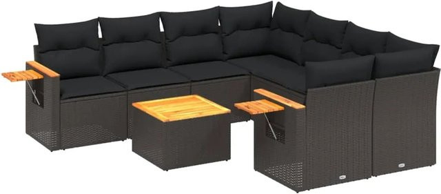 vidaXL 9-tlg Garten-Sofagarnitur in L-Form aus Poly-Rattan und Akazienholz mit Kissen, Schwarz - Bild 1