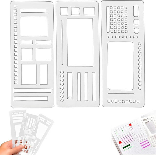 3 Stück handgefertigte und flexible Zeichenschablonen von NOTIONSLAND in Transparent, wiederverwendbare Schablonen für Journaling, Checklists, Boxen, Linien und tägliche Planung aus Kunststoff - Bild 1