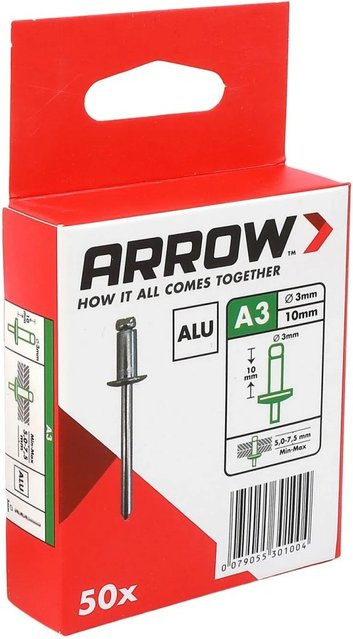 Arrow Blindniete aus Aluminium in Silber, Durchmesser: 3 mm, Länge: 10 mm, 50 Stück - Bild 1