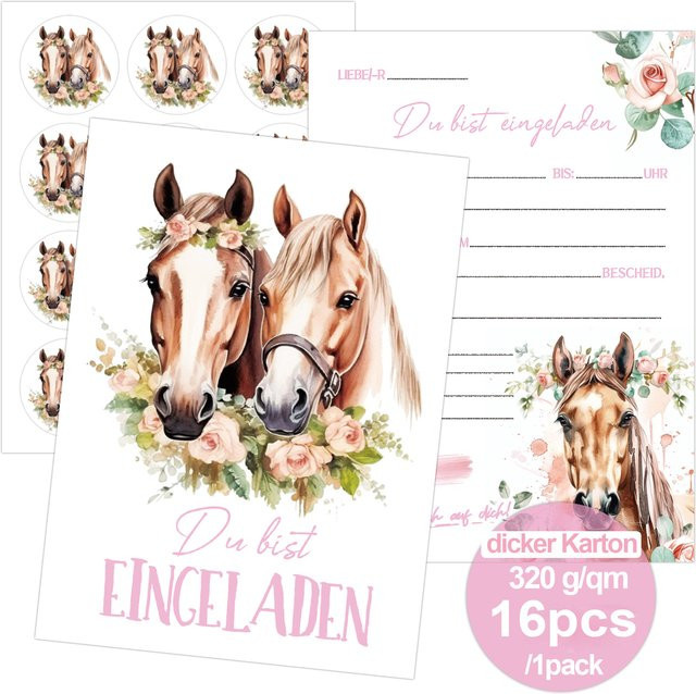 16er-Set rosa Einladungskarten mit Blumen- und Pferde-Motiv aus 320 g/m² starkem Karton mit Aufschrift You Are Invited - Bild 1