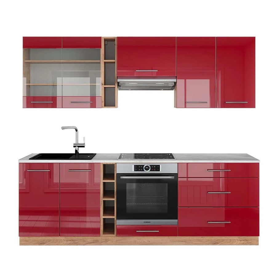 Vicco Fame-Line Küchenzeile Bordeaux Hochglanz und Goldkraft Eiche mit Marmor-Arbeitsplatte, Breite: 235 cm - Bild 2