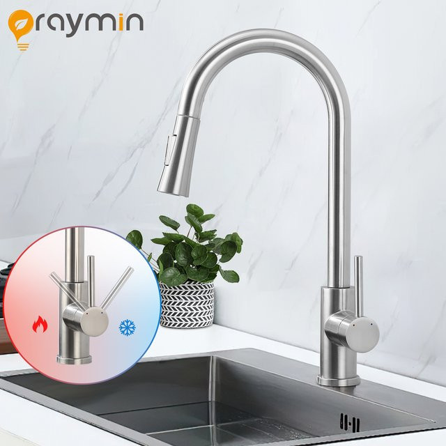Oraymin Niederdruck-Küchenarmatur aus Edelstahl 304 in Silber mit ausziehbarem Spray, 360 Grad schwenkbar und 2 Wassermodi - Bild 1