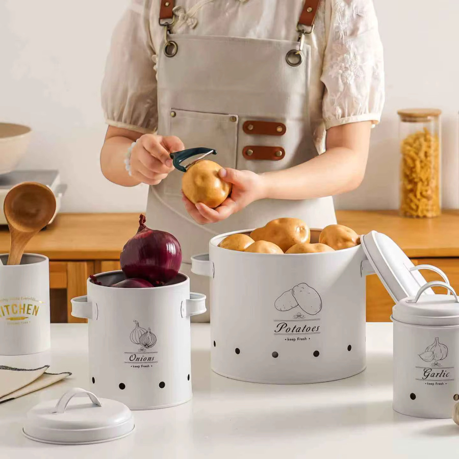 SAEIV 3-teiliges Kartoffel-Aufbewahrungsbox-Set aus Metall in Weiß zur Aufbewahrung von Kartoffeln, Zwiebeln und Knoblauch mit Belüftungslöchern - Bild 3