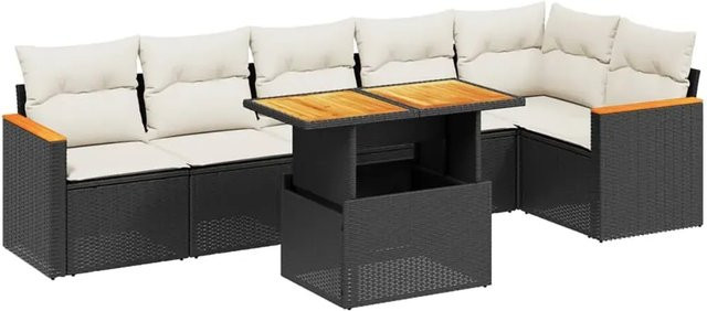 vidaXL 7-teilige Garten-Sofagarnitur in L-Form aus schwarzem Poly-Rattan mit wetterfesten Kissen und pulverbeschichtetem Stahlrahmen - Bild 1