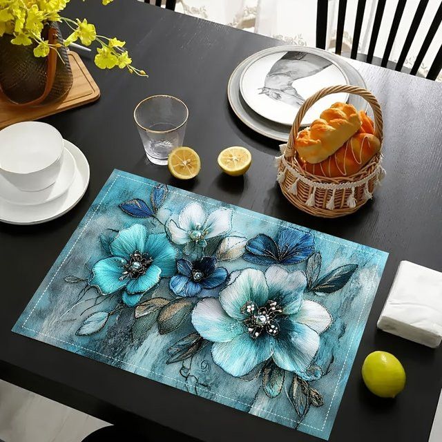 VIKAMA Tischsets mit türkisfarbener Blumenstickerei, 4er-Set - Bild 1