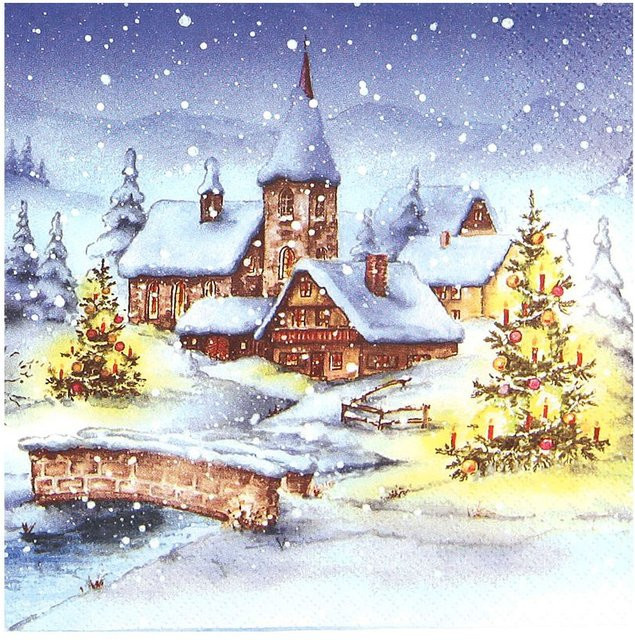 HOME FASHION Servietten Weihnachten im Schnee mit Winterdorf in Blau, 20 Stück aus Papier - Bild 1