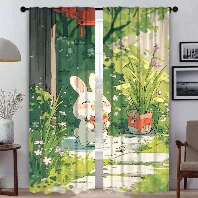 Weiße Kaninchen Verdunkelungsvorhänge für Wohnzimmer und Kinderzimmer, 2 Paneele, Breite: 50 cm, Höhe: 70 cm - Bild 1