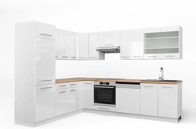 Vicco Fame-Line Eckküche in Weiß Hochglanz und Eiche, moderne Einbauküche mit Soft-Close-Türen, B/T/H: 227 x 287 x 82 cm - Bild 1