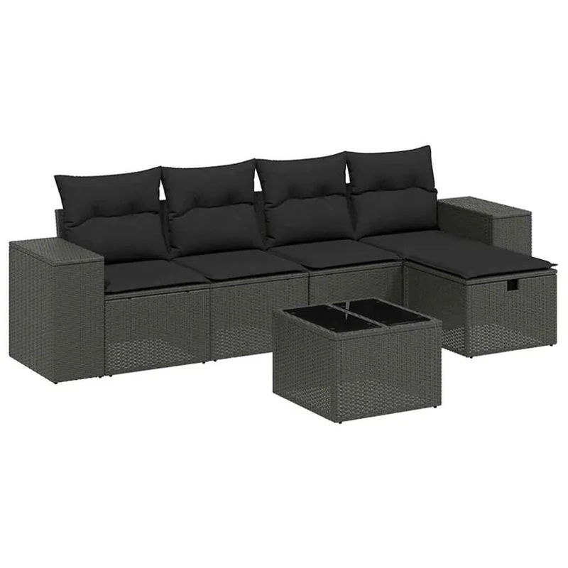 vidaXL 6-tlg Garten-Sofagarnitur aus Poly-Rattan mit Kissen und Glastisch in Schwarz - Bild 2