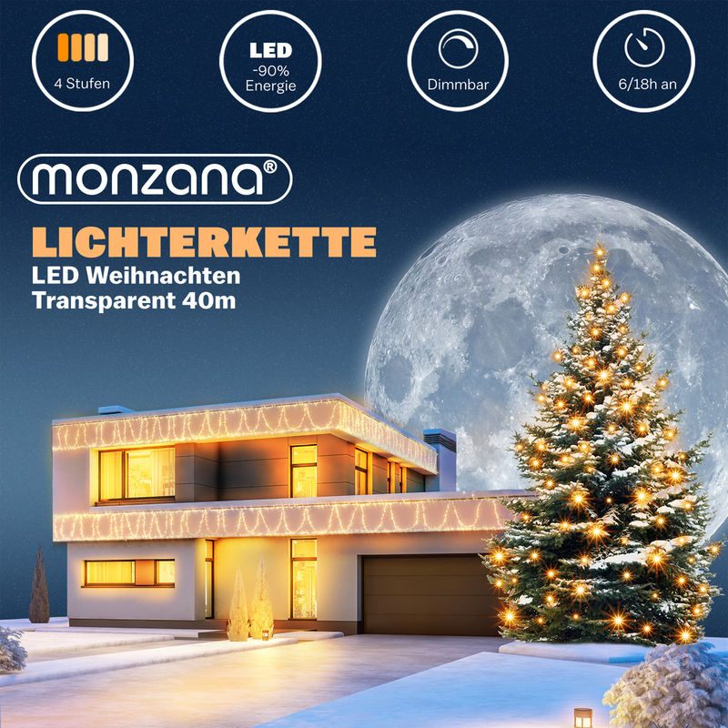 Monzana LED Weihnachts-Lichterkette Warmweiß, 40 m, mit Fernbedienung, Timer und Dimmfunktion, transparent - Bild 4