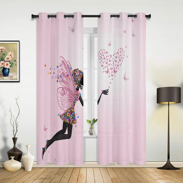 Yiran Furniture Vorhang für Kinder mit Ballett Tänzerin, Blumen und Schmetterlingen in Rosa, transparent, Breite: 135 cm, Höhe: 60 cm - Bild 1