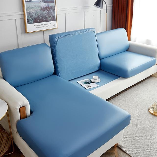 BRHUIXUE L-förmiger Eck-Sofabezug aus Kunstleder in Blau, wasserabweisend und schmutzabweisend, Sitzkissenbezug für Ecksofas - Bild 1