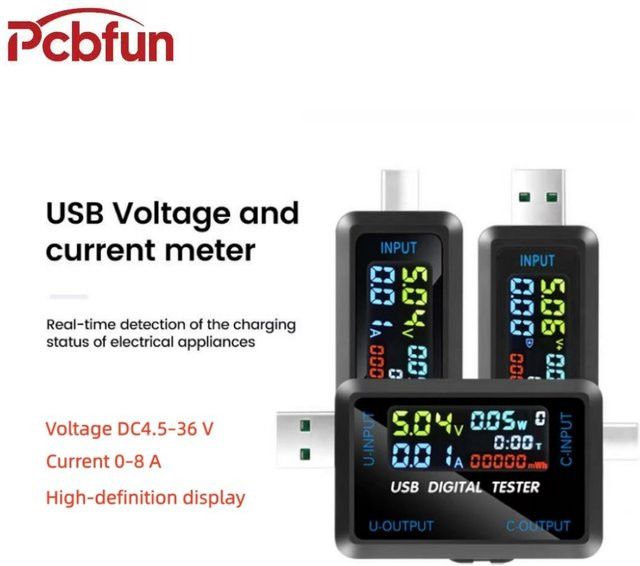 Gaqqee LED-Digital-Voltmeter und Amperemeter mit Batteriekapazitätstester, DC 4,5–36 V, 0–8 A, Schwarz, mit USB- und Typ-C-Anschlüssen - Bild 1