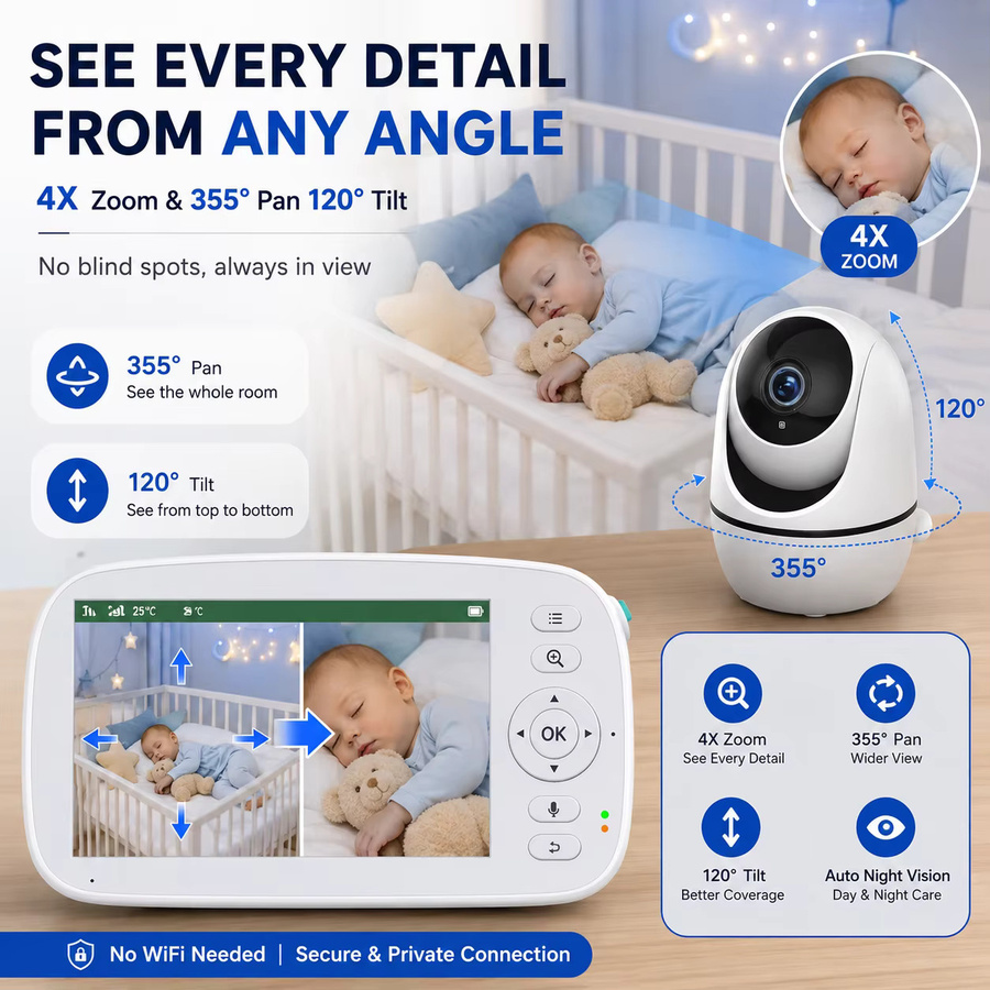 ZUNIQO Babyphone mit 5 Zoll Videomonitor ohne WLAN in Weiß mit Kamera, Nachtsicht, 2-Wege-Kommunikation und 48 Stunden Akkulaufzeit - Bild 2