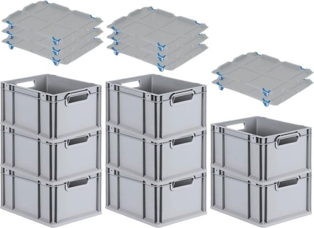 PROREGAL SuperSparSet 8x Eurobox NextGen Grip mit Auflagedeckel und blauen Schiebeschnappverschlüssen, Grau, H x B x T: 22 x 30 x 40 cm, 20 Liter, mit verstärkten Wänden - Bild 1
