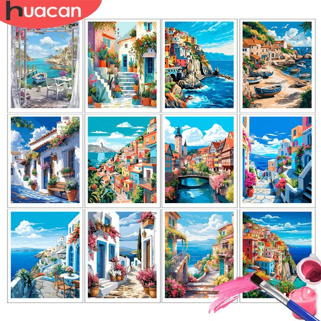 HUACAN Malen-nach-Zahlen-Set Landschaft mit Küstenhafen und Stadt als DIY Wanddekoration auf Leinwand, Mehrfarbig - Bild 1