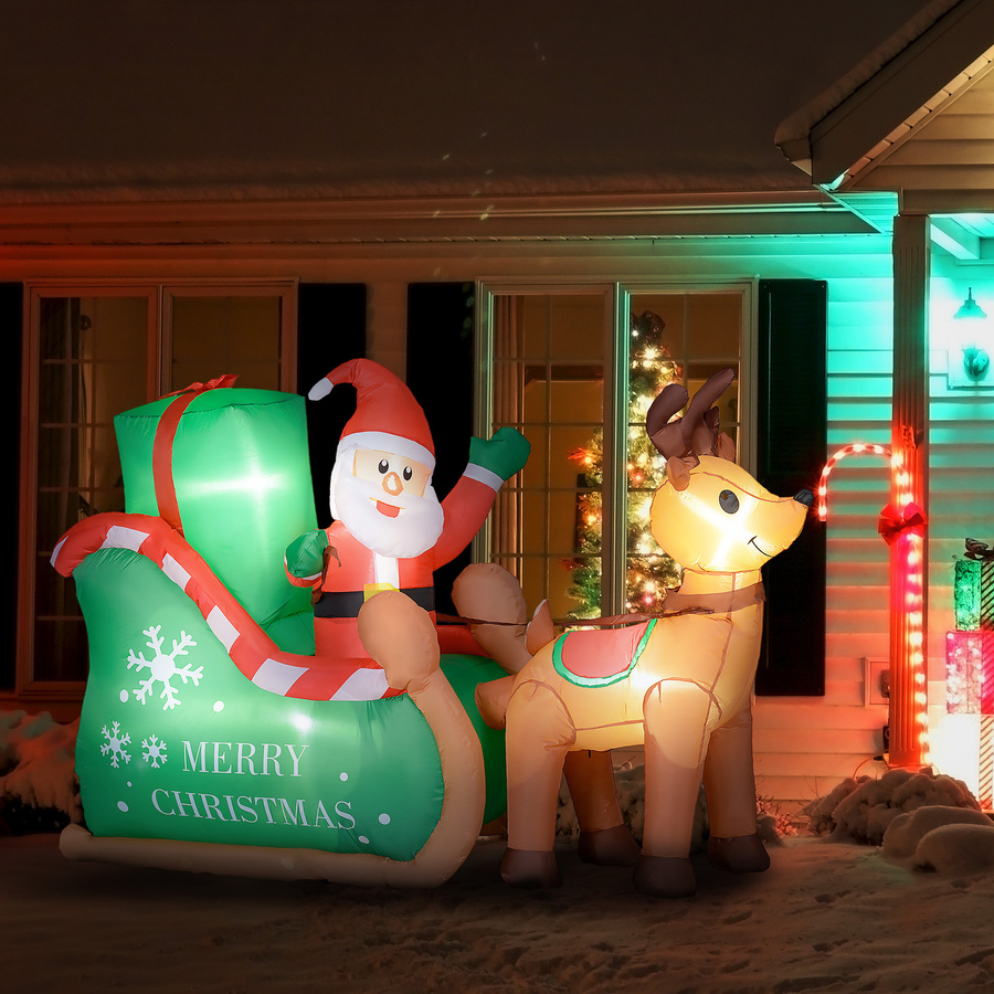 Outsunny Aufblasbare Weihnachtsdekoration Weihnachtsmann mit Schlitten und Rentier in Weiss und Multicolour, 2,1 m Höhe, mit LED-Beleuchtung für Innen und Außen - Bild 2