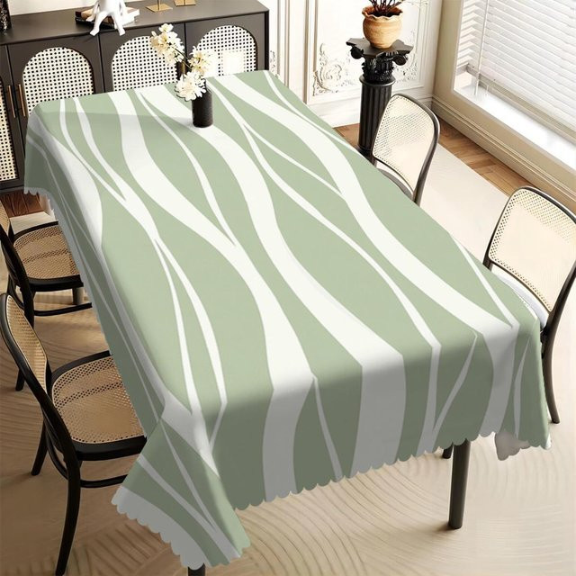 Rechteckige Tischdecke von Fancy Style Studio mit geometrischem Linienkunst-Druck in Cyan, Weiß und Grün, wasserabweisend, B/T: 140 x 90 cm - Bild 1