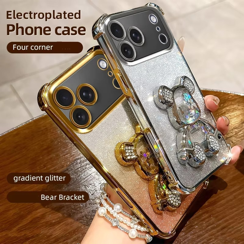 Stoßfeste Luxus-Hülle für iPhone mit Glitter-Bear-Bracket und Standfunktion in Transparent/Silber - Bild 1