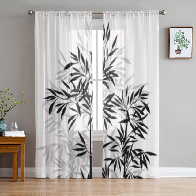 Super Six Chiffon Gardinen in Schwarz und Weiß, luxuriöse Tüll Vorhänge mit floralem Design für Wohnzimmer und Schlafzimmer, Breite: 135 cm, Höhe: 114 cm - Bild 1