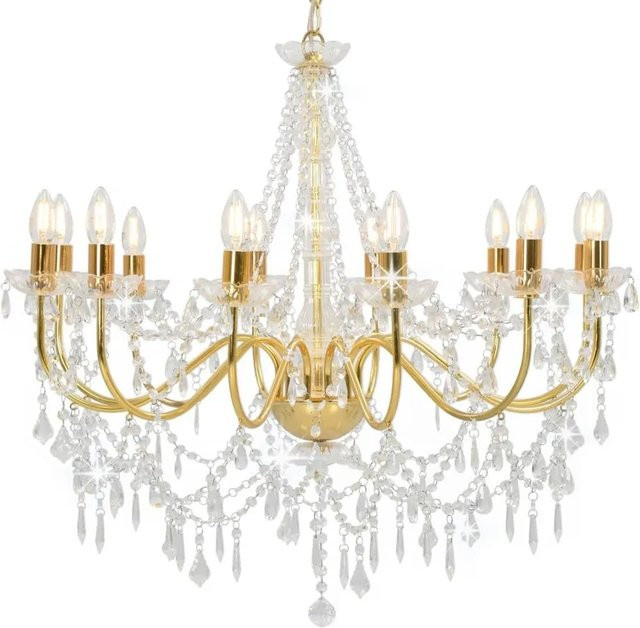 vidaXL Kronleuchter mit Perlen in Gold und Transparent, 12 x E14-Fassungen, Metall und Acryl, Antik-Stil - Bild 1