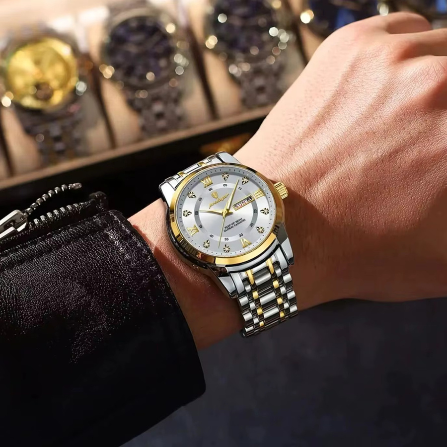 POEDAGAR Armbanduhr Quarz, Edelstahl, Silber, Herren, Datum, Wochentag - Bild 5