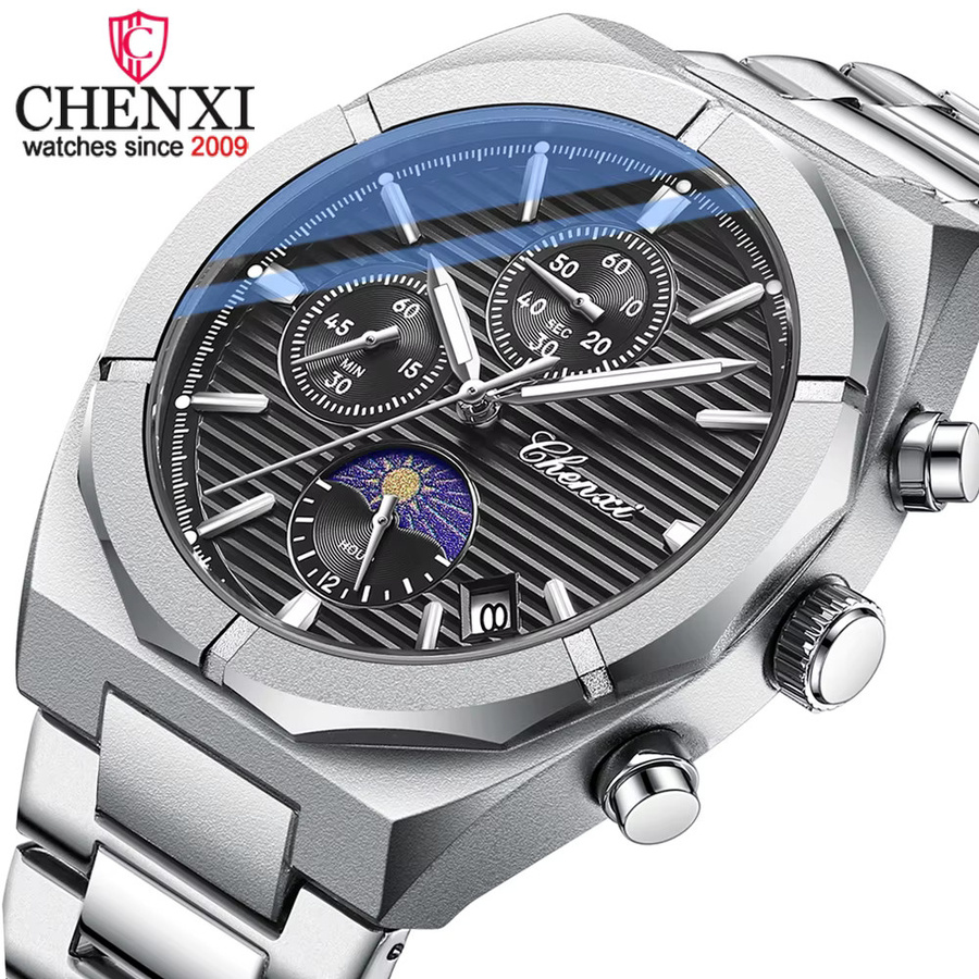 CHENXI Armbanduhr Chronograph, Quarz, Edelstahl, Silber, Herren - Bild 2