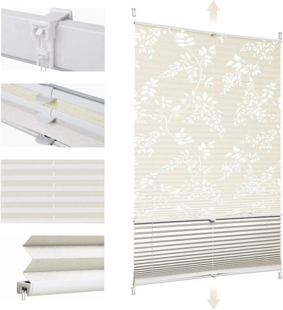 Sekey Doppelplissee Day&Night Verdunkelung ohne Bohren, Farbe: Beige, Muster: Floral, Breite: 45 cm, Höhe: 120 cm - Bild 1