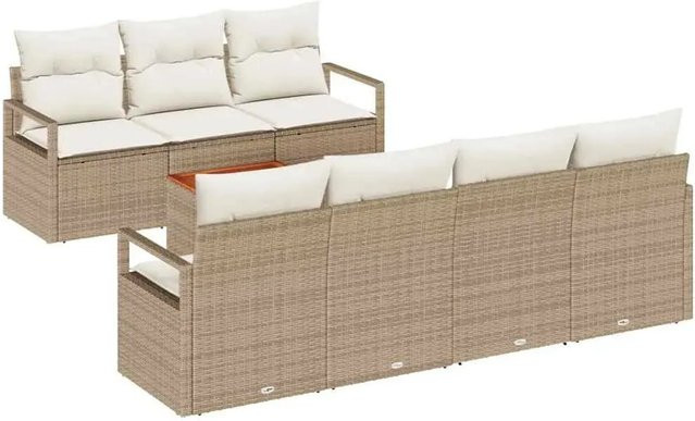 vidaXL 8-teiliges Garten-Sofa-Set aus Poly-Rattan und pulverbeschichtetem Stahl in Beige und Weiß mit Polsterung und Tisch - Bild 1