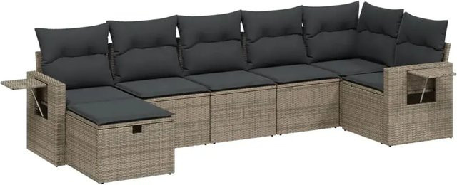 vidaXL 7-tlg. Garten-Sofagarnitur in L-Form aus Poly Rattan mit Kissen in Grau - Bild 1