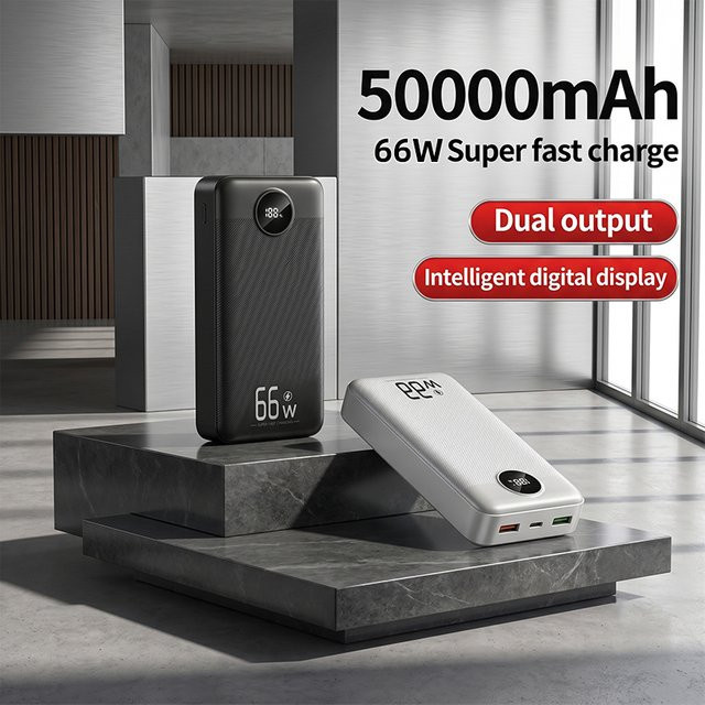 Cohana Powerbank 50000mAh mit 66W Schnellladefunktion, tragbares Ladegerät für 3 Geräte gleichzeitig mit LED-Taschenlampe, Schwarz - Bild 1