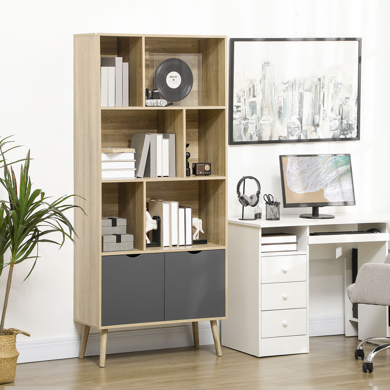 HOMCOM Bücherregal mit 2 Türen und 6 Regalfächern in Holzoptik und Dunkelgrau, B: 35 cm, T: 35 cm, H: 180 cm - Bild 2