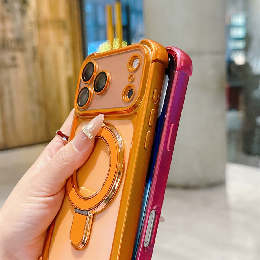 szHAIyu Magnetische Handyhülle mit Ständer für Apple iPhone 13 14 15 16 17 Pro Max Plus, Slim Acryl Hartschale kompatibel mit MagSafe, Orange oder Lila - Bild 2