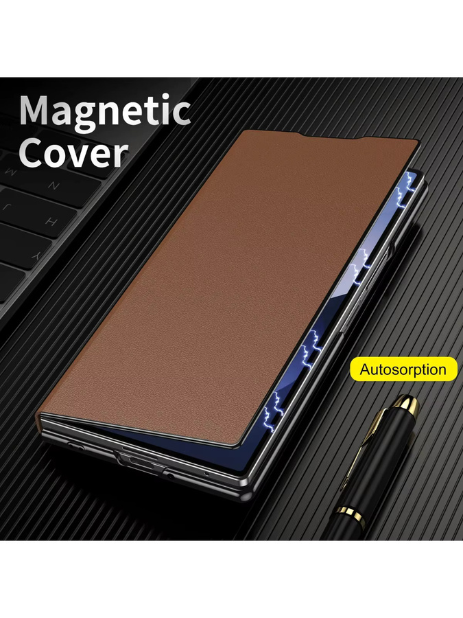 Luxuriöse Business Leder-Handyhülle mit magnetischer Legierung und Halterung für Samsung Galaxy Z Fold 7, 6, 5, 4, 3 5G, stoßfeste Schutzhülle in Blau oder Braun - Bild 4