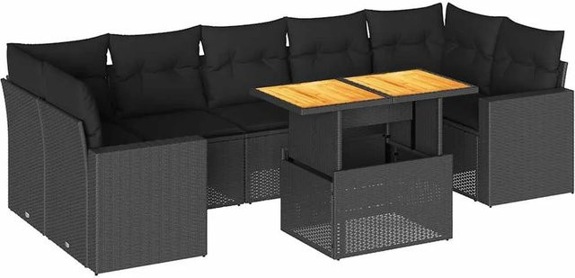 vidaXL 8-teilige Garten-Sofagarnitur in L-Form aus schwarzem Poly-Rattan mit Kissen und pulverbeschichtetem Stahlrahmen - Bild 1