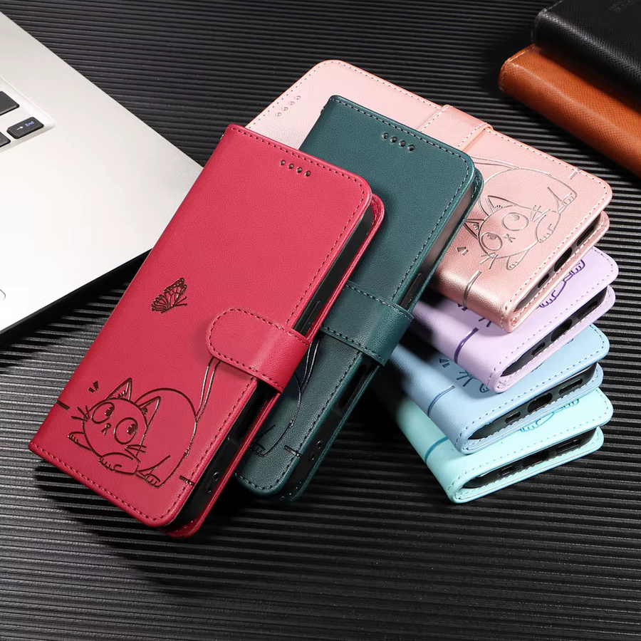 Magnetische Leder-Brieftasche mit Katzen-Schmetterling und geprägtem Design für OPPO A54 A54S A55 A72 A73 A74 A78 A93 A94 A95 A96 4G 5G in Rot und Lila - Bild 2