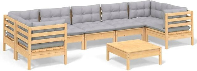 vidaXL 8-tlg Garten-Lounge-Set aus massivem Kiefernholz in Braun-Grau mit grauen Polstern und Kissen - Bild 1