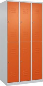 C+P Doppelstock-Spind Classic PLUS mit 3 Abteilen, Stahl, Lichtgrau/Reinorange, H x B x T: 185 x 90 x 50 cm, mit Zylinderschloss und Garderobenstange - Bild 1