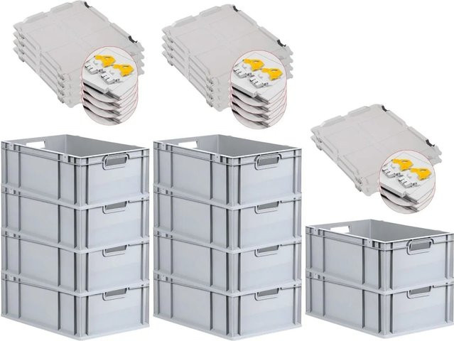 PROREGAL SuperSparSet 10x Eurobox NextGen Grip mit Scharnierdeckel und gelben Schiebeschnappverschlüssen, Grau, H x B x T: 22 x 40 x 60 cm, 44 Liter - Bild 1