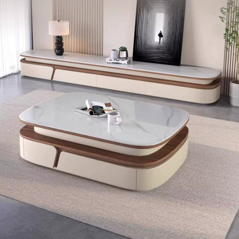 ZHIO Designer-Couchtisch aus Glas in Weiß mit grauer Schublade und Aufbewahrung für dein Wohnzimmer - Bild 3