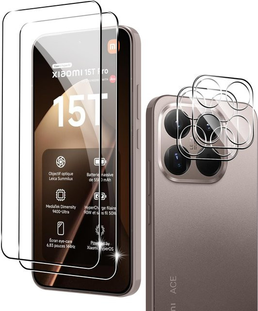 Xiaomi 15T Pro Displayschutzfolie aus gehärtetem Glas mit 9H Härte, transparent, 4 Stück (2+2) - Bild 1