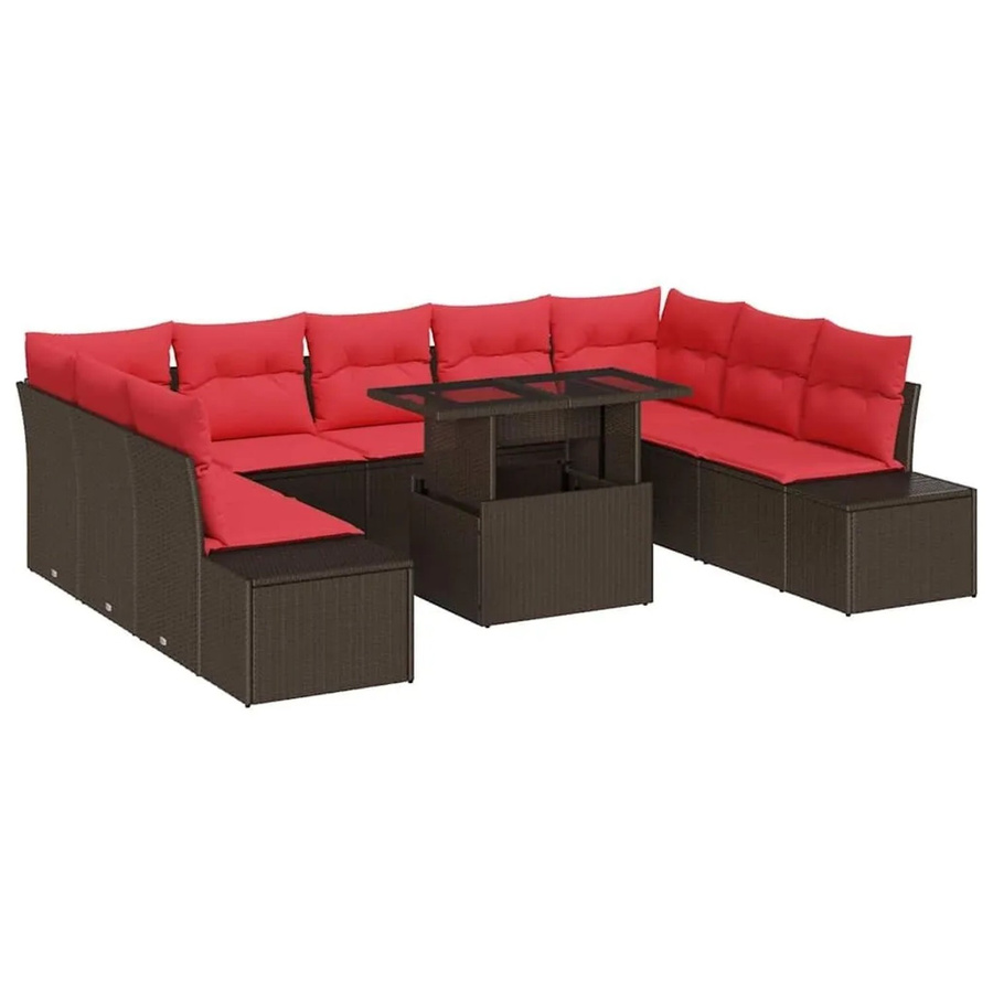 vidaXL Garten-Sofa-Set in L-Form mit Kissen und integriertem Stauraum, Braun und Rot - Bild 2
