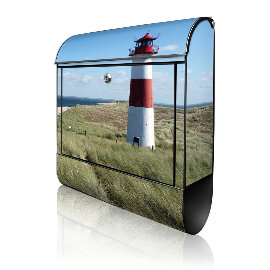 banjado Wandbriefkasten schwarz groß mit Leuchtturm-Motiv und Zeitungsfach, B/T/H: 38 x 13 x 47 cm - Bild 1