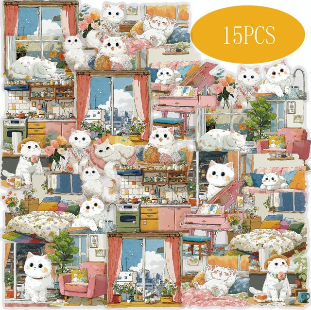 Etori Life Warm Nest 15-teiliges Set mit Katzen- und Mädchen-Haus-Aufklebern in Weiß und Multicolour für Journaling und Dekoration - Bild 1